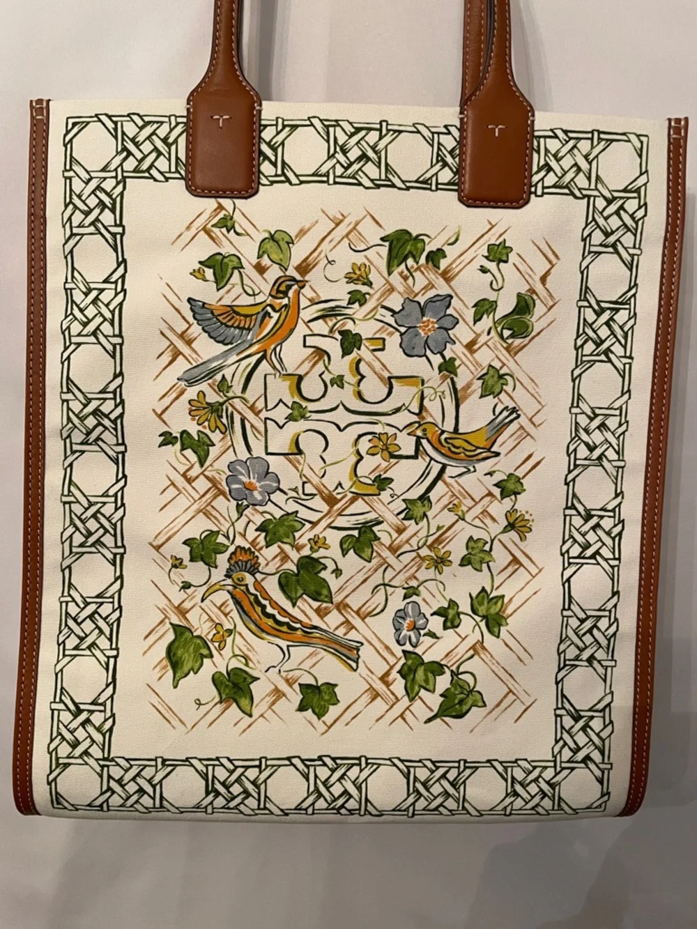 Tory Burch Ella Floral & Bird Canvas Tote cream with Brown‎ Trim